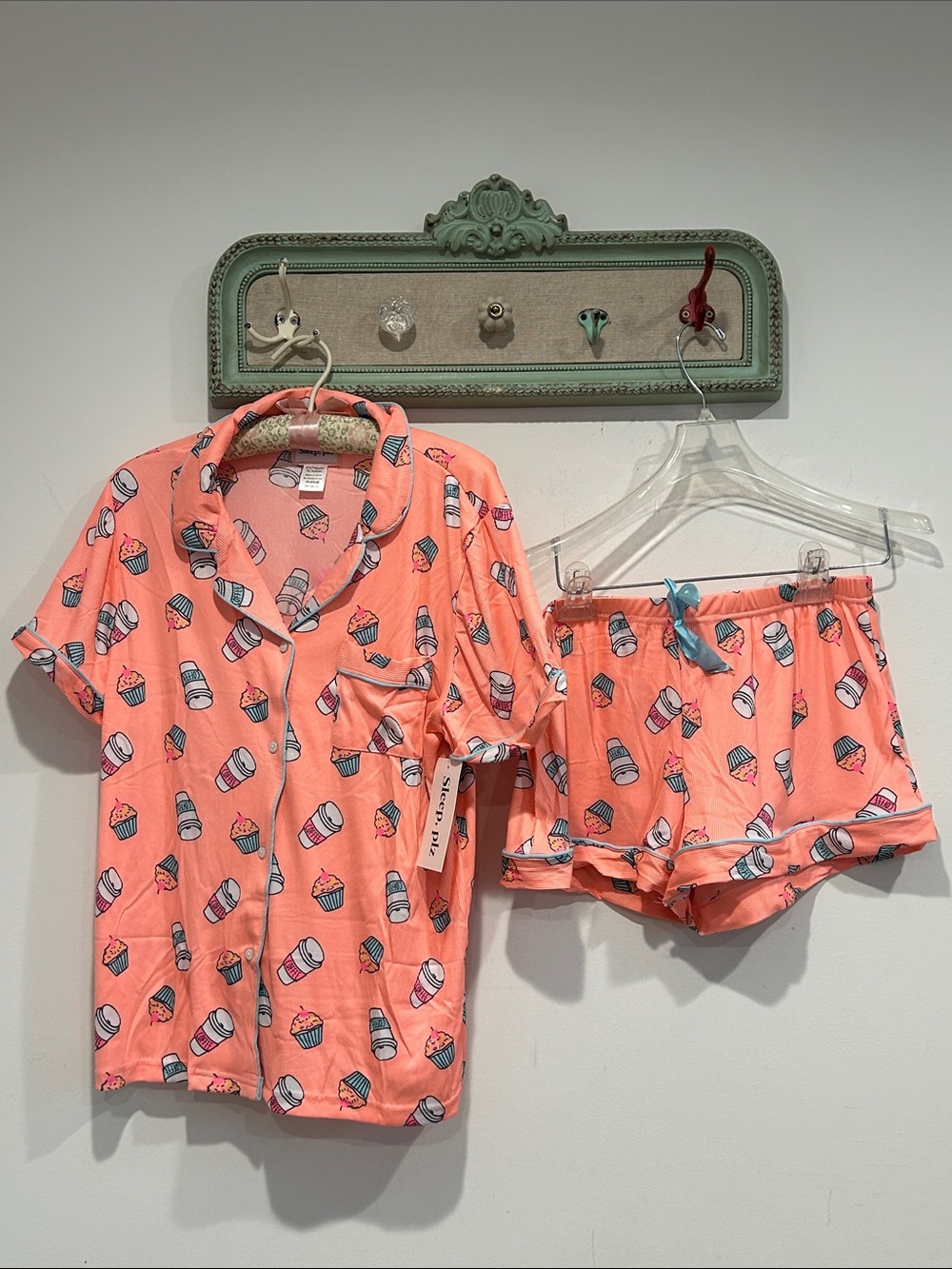 Sleep Plz Sweetie Neon Coral Cupcake Coffee Short Pajama Set Button-Down Top XL